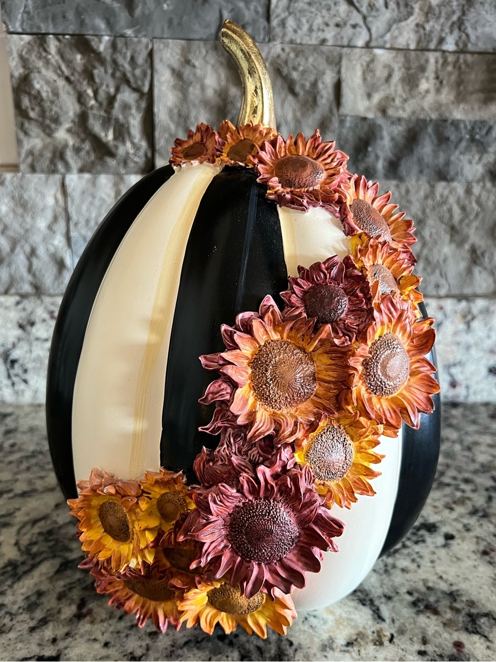 Mackenzie-Childs Courtly Stripe Fall Pumpkin w/ Sunflowers. EUC. RARE. RETIRED.